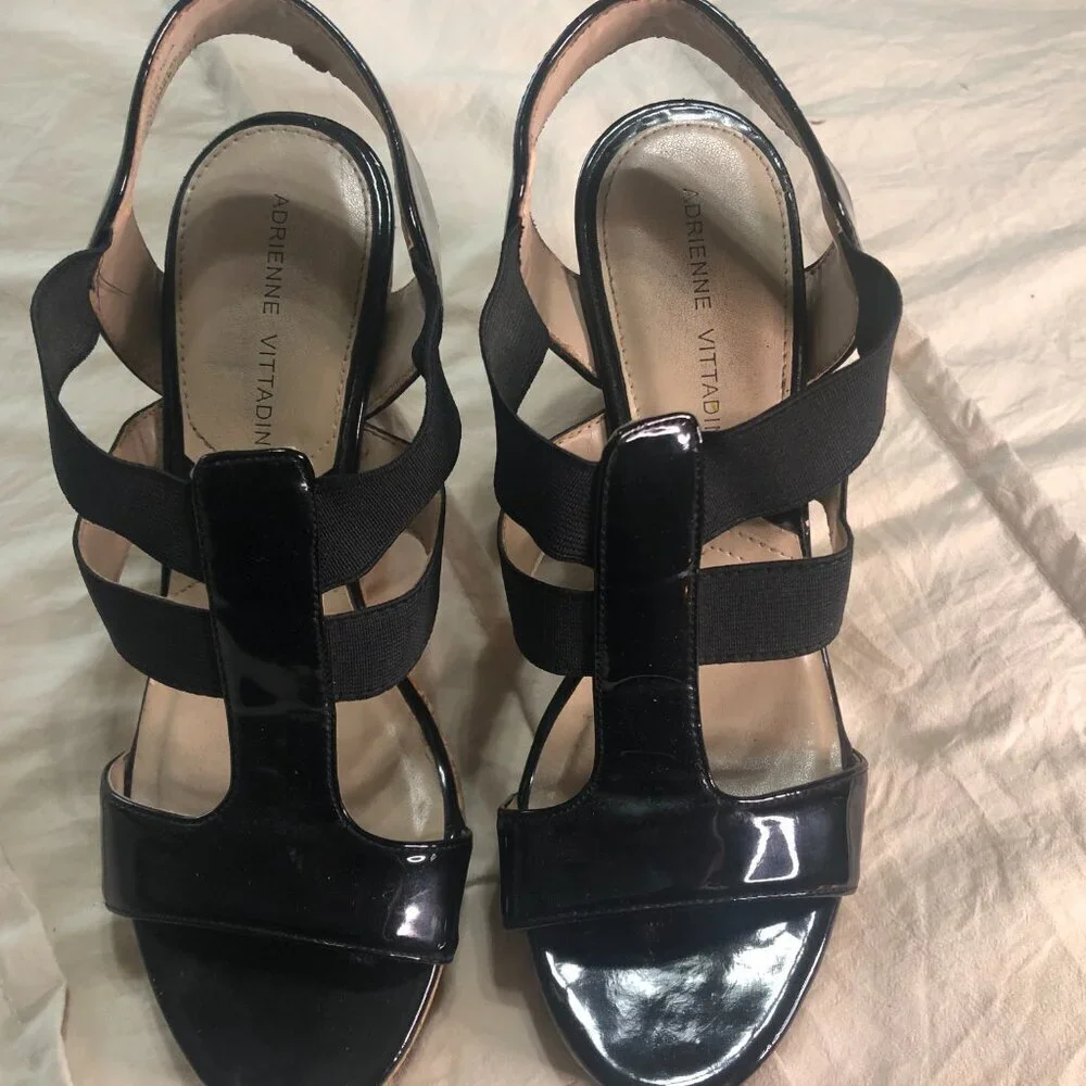 Adrienne Vittadini Chari black patent cork 4 inch wedge‎ sandals size 8M